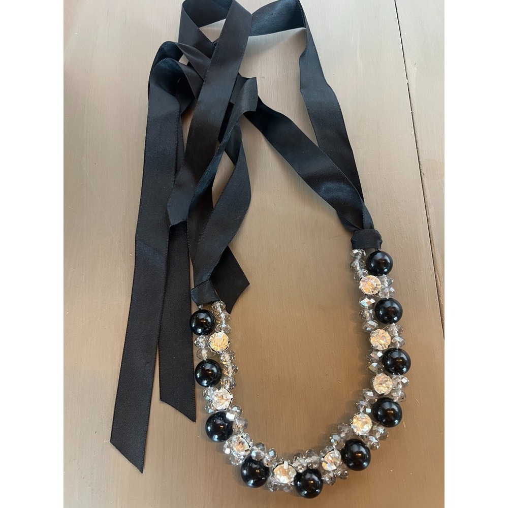 Statement Ribbon Necklace‎ Black Satin Tie Crystal Rhinestone Beaded Chunky Bib